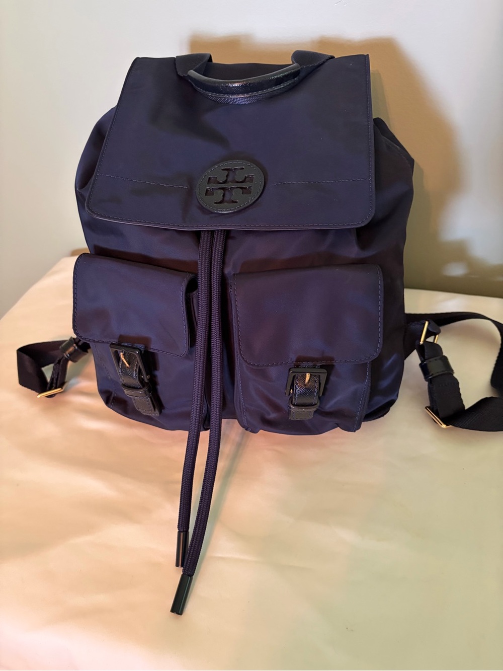 Tory Burch Navy Drawstring Nylon Backpack with Front Pockets